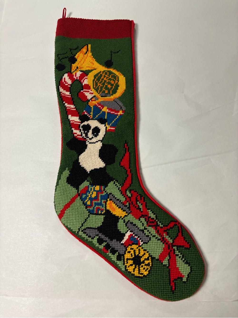 Vintage Holiday Needlepoint Stocking Panda Horn Candy Cane